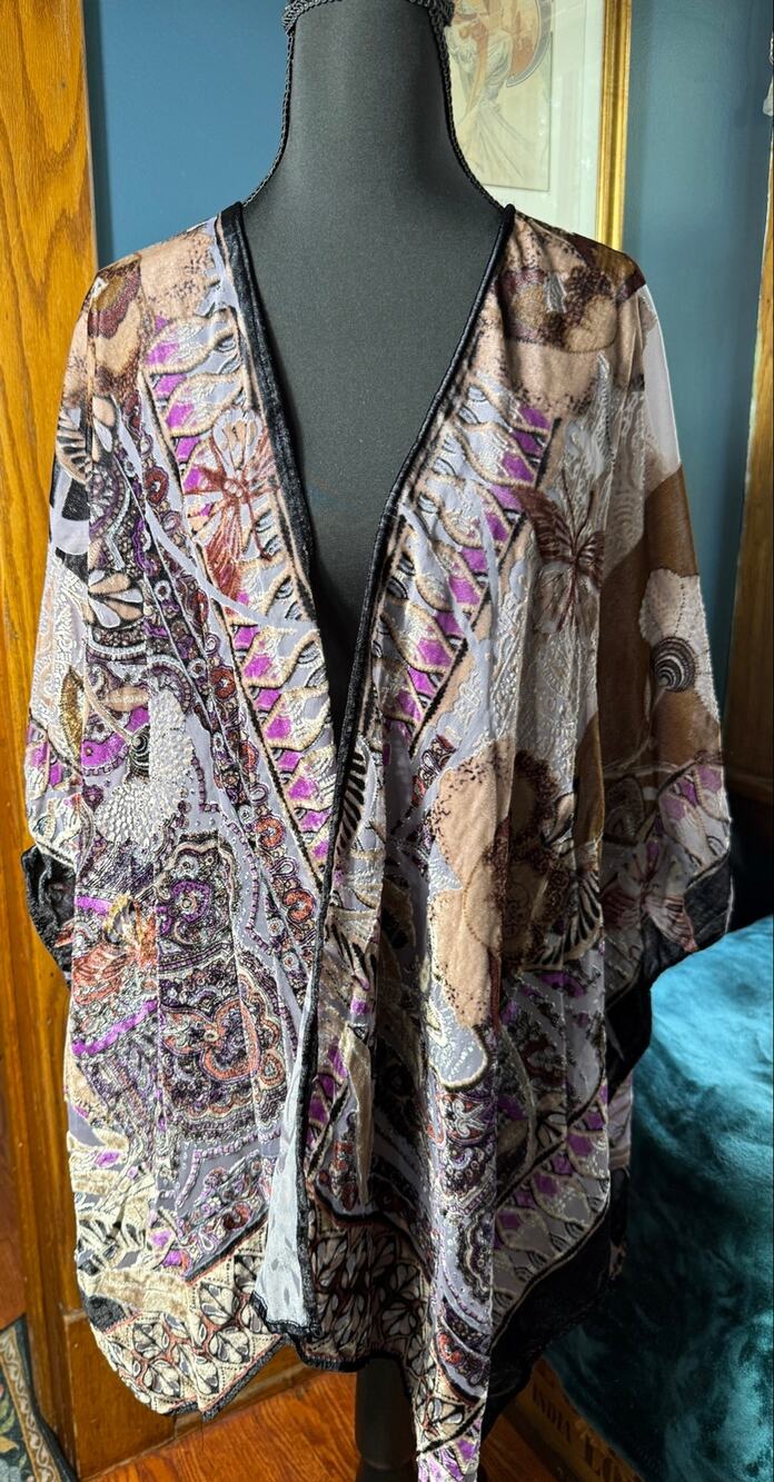 Chico’s Womens Purple Velvet Burnout Lagenlook Boho‎ Kimono Art Deco Cardigan OS